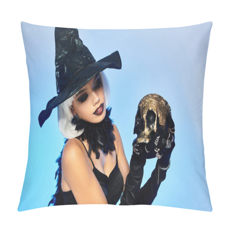 Personality  A Young Witch Gazes Thoughtfully At A Golden Skull, Embodying Halloween Magic. Pillow Covers