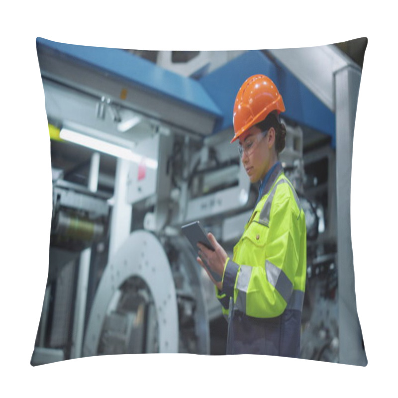 Personality  Supervisor Working Tablet Industrial Pant. Woman Engineer Smiling Modern Factory Pillow Covers