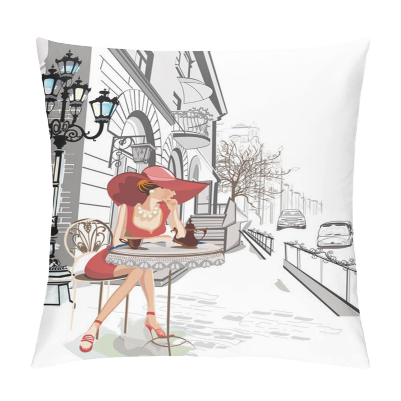 Personality  Fashion Girl In The Street Cafe. Pillow Covers