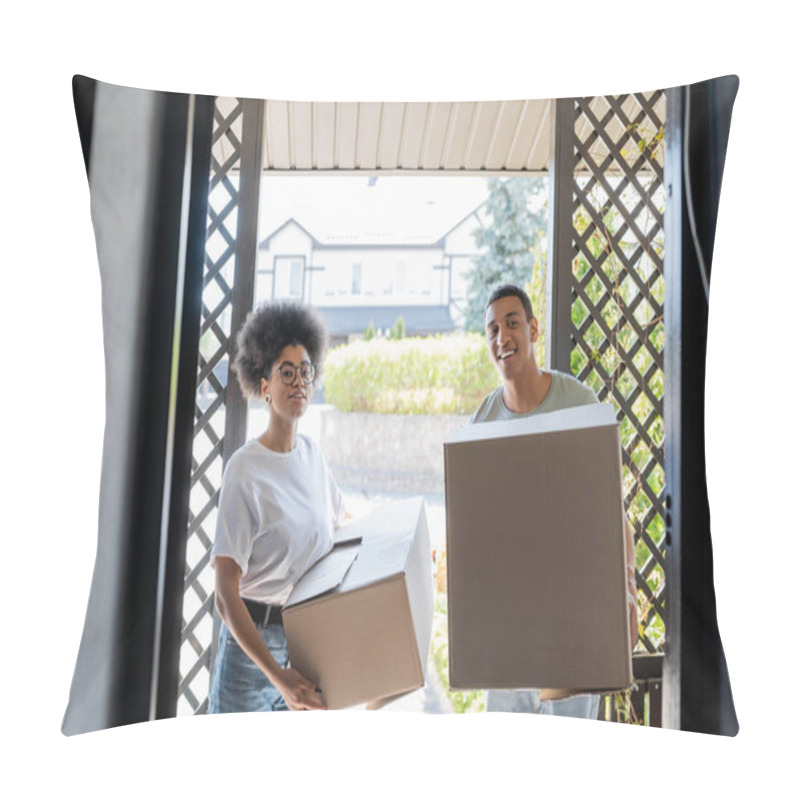 Personality  Joyful African American Couple With Packages Looking At Camera Near Door Of New House Pillow Covers