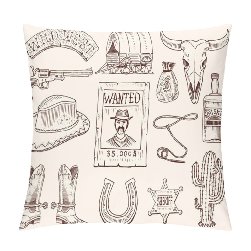 Personality  Wild West, Rodeo Show, Cowboy Or Indians With Lasso. Hat And Gun, Cactus With Sheriff Star And Bison, Boot With Horseshoe And Wanted Poster. Engraved Hand Drawn In Old Sketch Or And Vintage Style. Pillow Covers