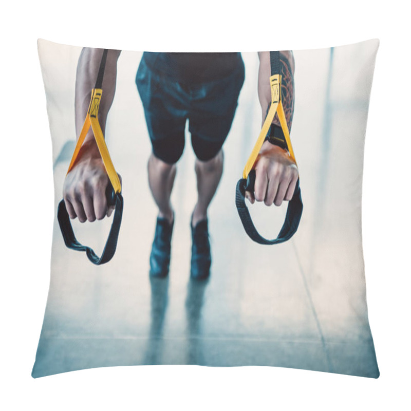 Personality  Cropped View Of Young Muscular Sportsman Training With Resistance Bands In Gym Pillow Covers