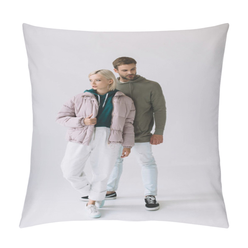 Personality  Full Length View Of Stylish Blonde Girl And Bearded Man On Grey Pillow Covers