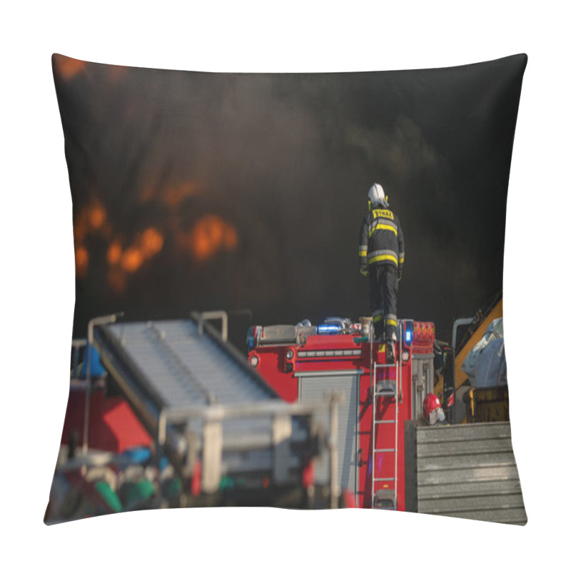 Personality  Firefighters During Action Of Extinguishing Powerful Fire Of Recycling Company, Poland, Szczecin Pillow Covers