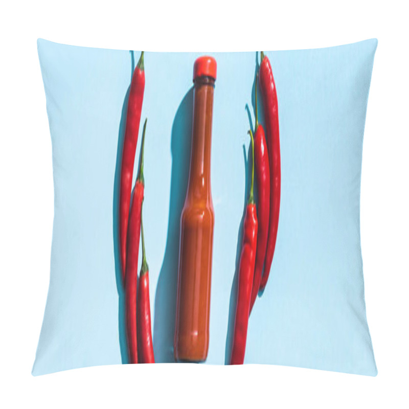 Personality  Top View Of Ketchup In Bottle With Chicle Peppers On Blue Background, Panoramic Shot Pillow Covers