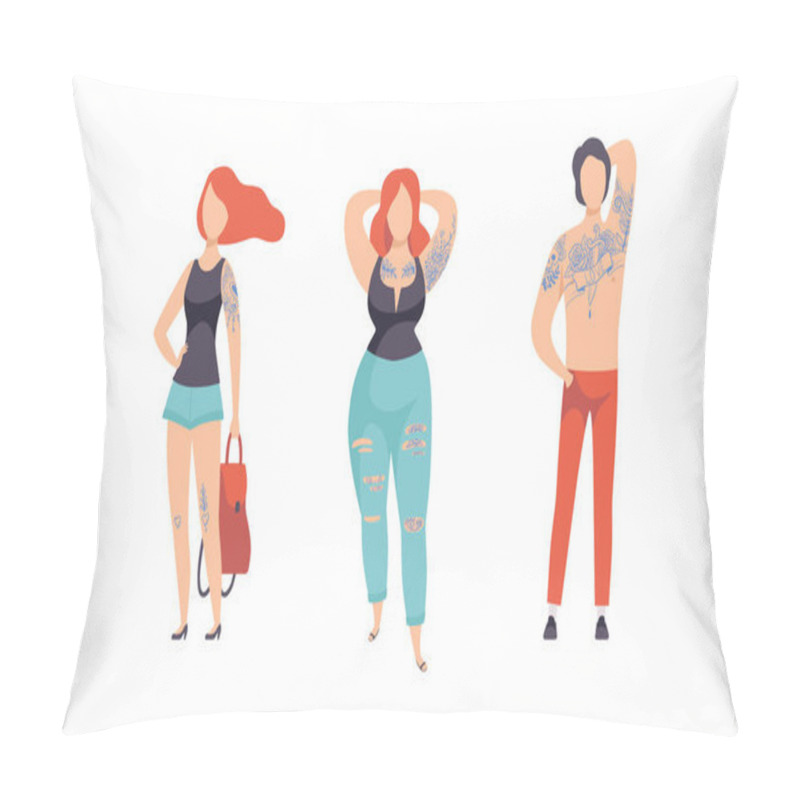 Personality  Tattooed Or Inked Man And Woman In Standing Pose Vector Set Pillow Covers