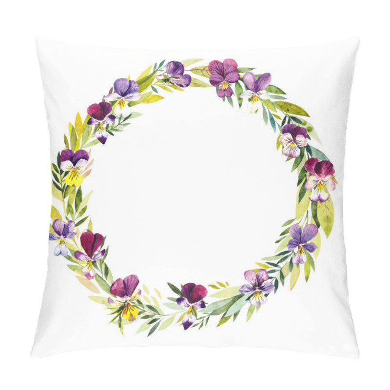 Personality  Circle Frame From Violets. Flower Backdrop. Decoration With Blooming Violets, Hand Drawing.  Watercolor Illustration. Pillow Covers