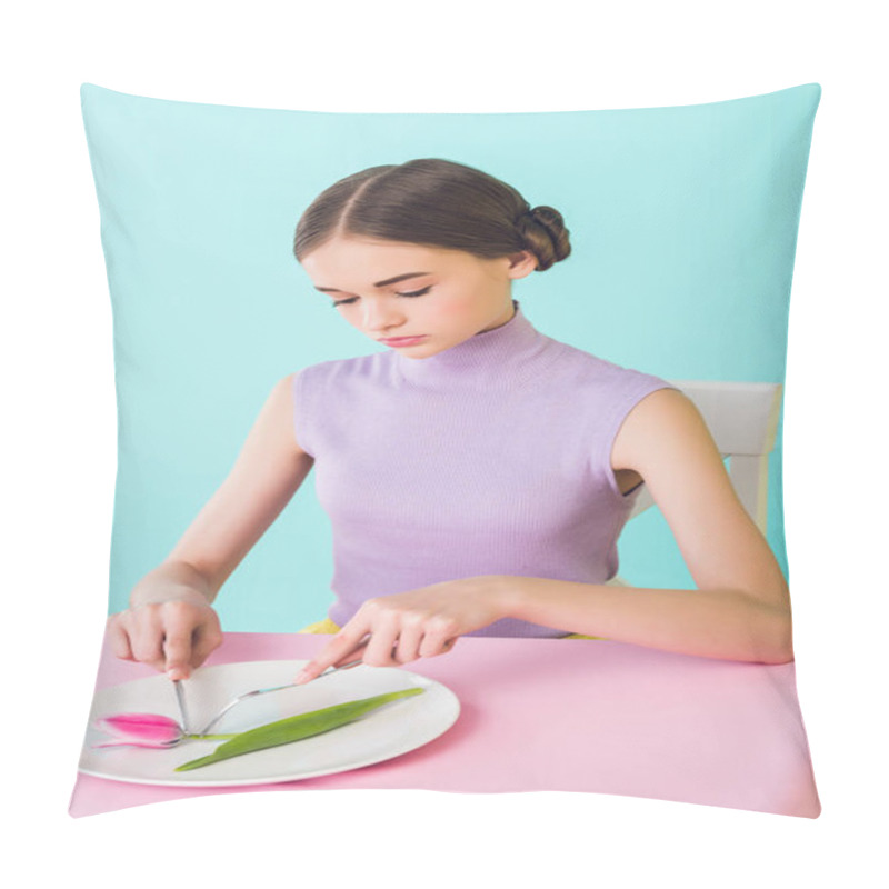 Personality  Elegant Teenager Eating Pink Tulip Flower, Diet Concept  Pillow Covers