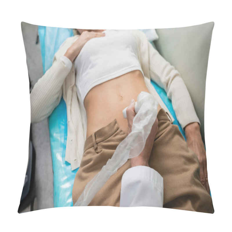 Personality  Partial View Of Woman Lying Near Doctor Doing Nephrological Ultrasound In Clinic Pillow Covers