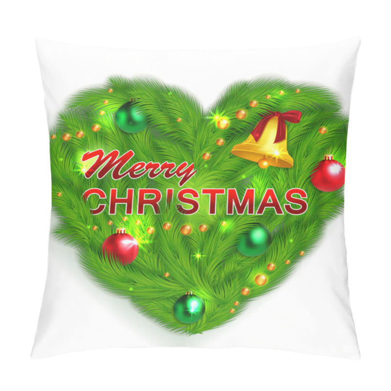 Personality  Creative Glimmered Christmas Label With Fir Tree Branches, Green And Red Balls And Christmas Bell On White Background Pillow Covers