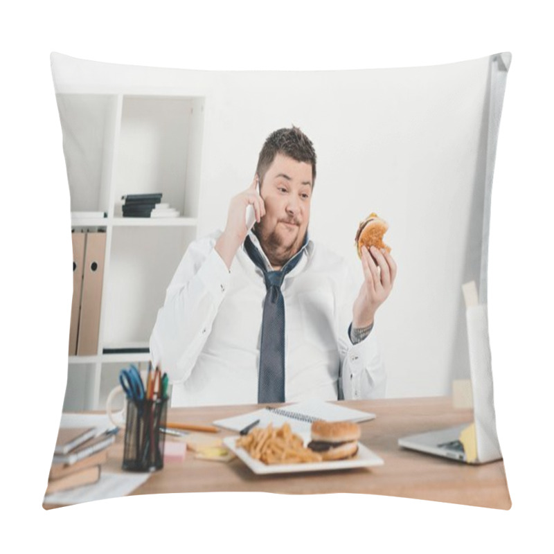 Personality  Overweight Businessman Talking On Smartphone While Eating Fast Food In Office Pillow Covers