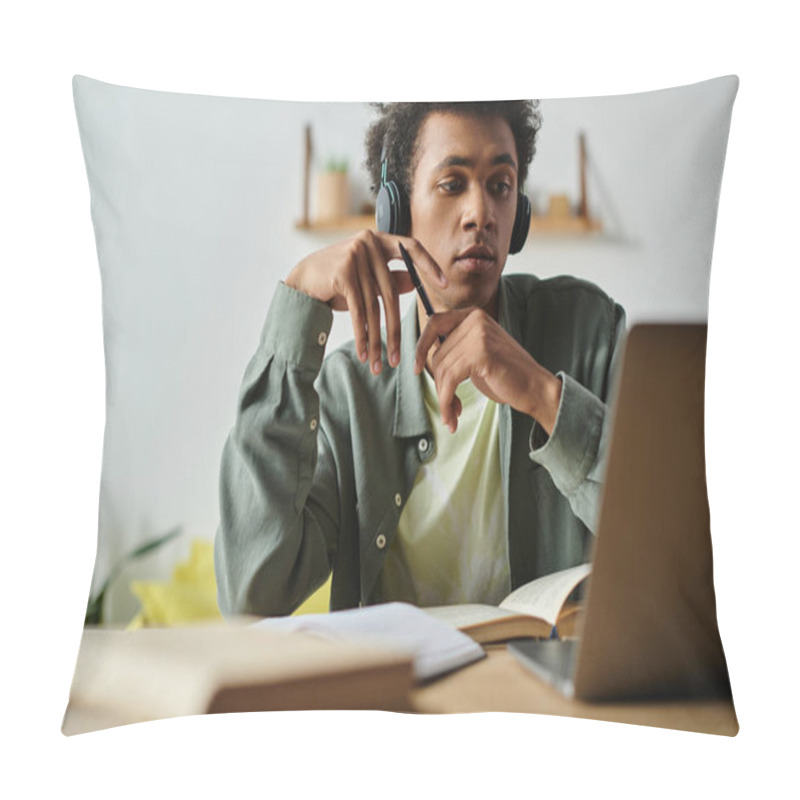 Personality  A Young African American Man Is Focused On His Laptop, Studying Online While Wearing Headphones. Pillow Covers