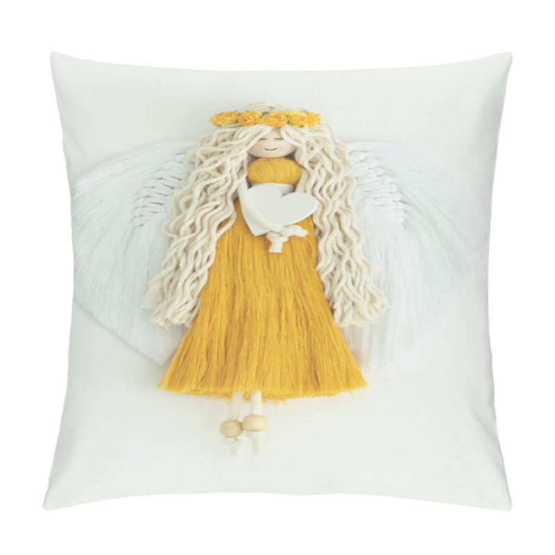 Personality  Macrame Hand Woven With Cord Guardian Angel With Wings, Yellow Dress And Garland Holding Heart Hang On White Wall Pillow Covers