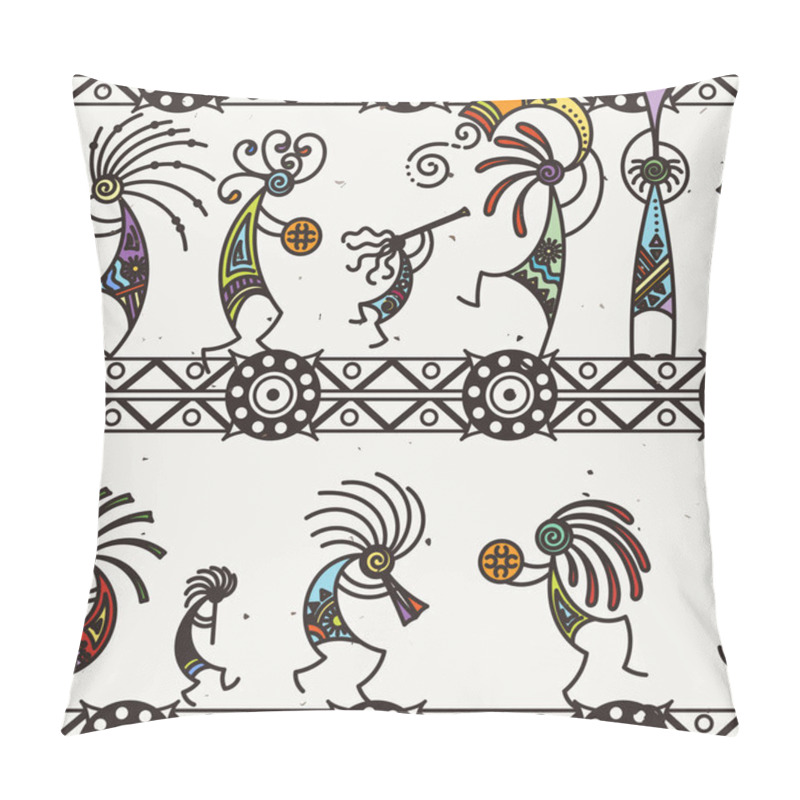 Personality  Hand Drawn Kokopelli Seamless Pattern. Stylized Mythical Characters Playing Flutes. Pillow Covers