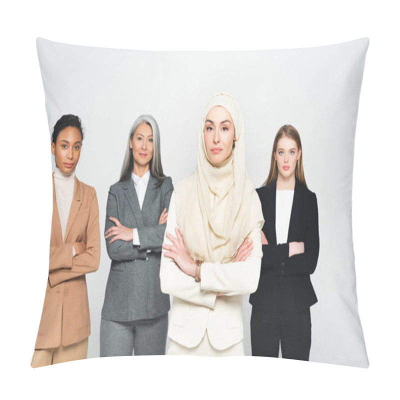 Personality  Beautiful Multicultural Businesswomen Standing With Crossed Arms Isolated On White  Pillow Covers