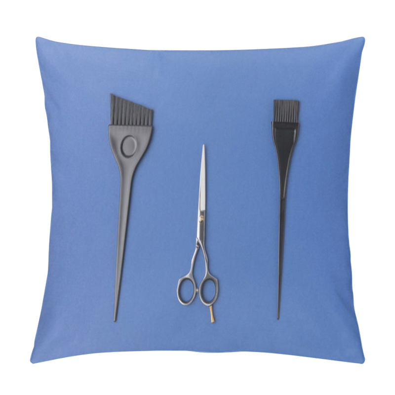 Personality  Top View Of Black Brushes And Scissors, Isolated On Blue Pillow Covers