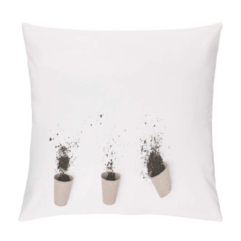 Personality  Top View Of Three Flowerpots With Ground Isolated On White Pillow Covers