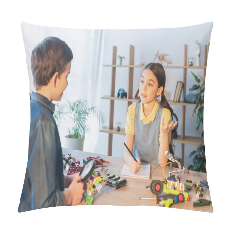 Personality  Preteen Girl With Notebook And Pencil Talking To Friend Holding Magnifier Near Parts Of Robotics Model Pillow Covers