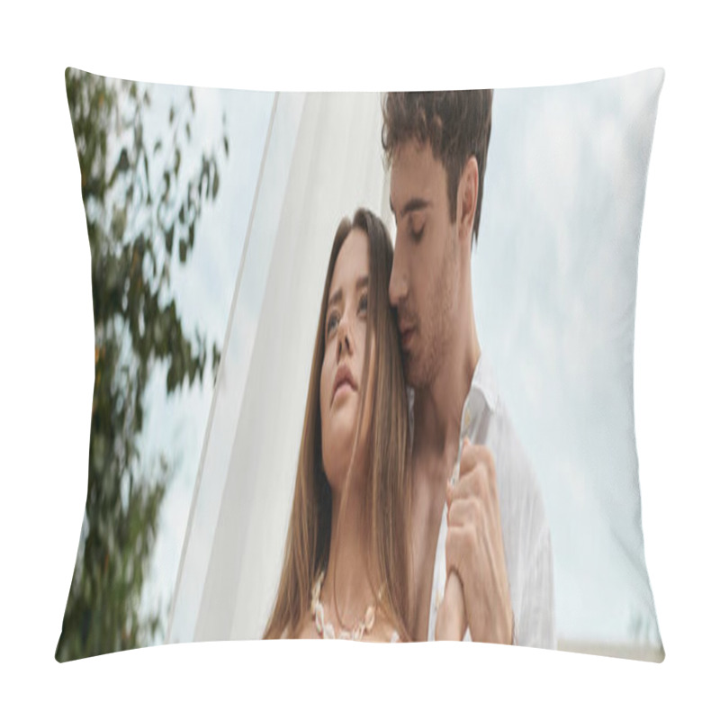 Personality  Tender Couple, Man And Woman In Holding Hands And Standing Together During Vacation, Banner Pillow Covers