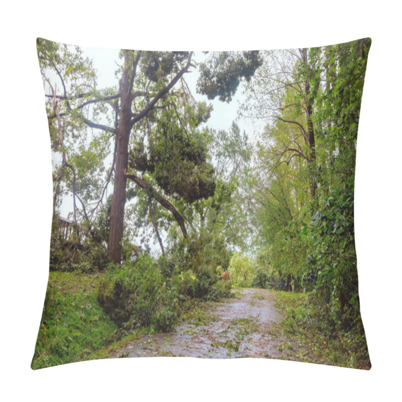 Personality  After Recent Storm, Rural Road Is Lined With Fallen Branches Trees, Showcasing Impact Of Severe Weather Hurricane Damage. Pillow Covers