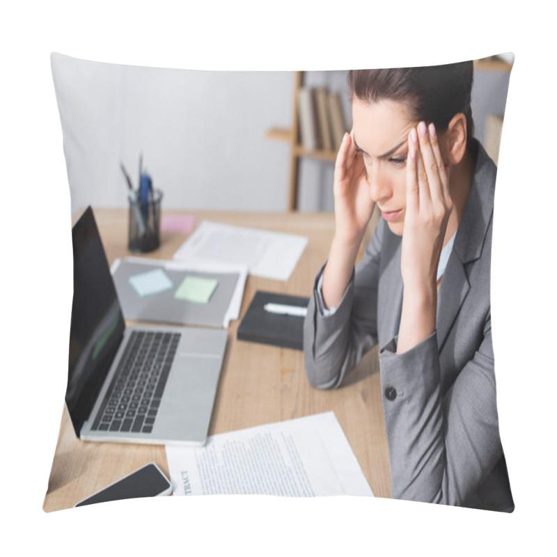 Personality  Businesswoman With Migraine Looking Away While Sitting Near Contracts And Laptop On Table On Blurred Background Pillow Covers