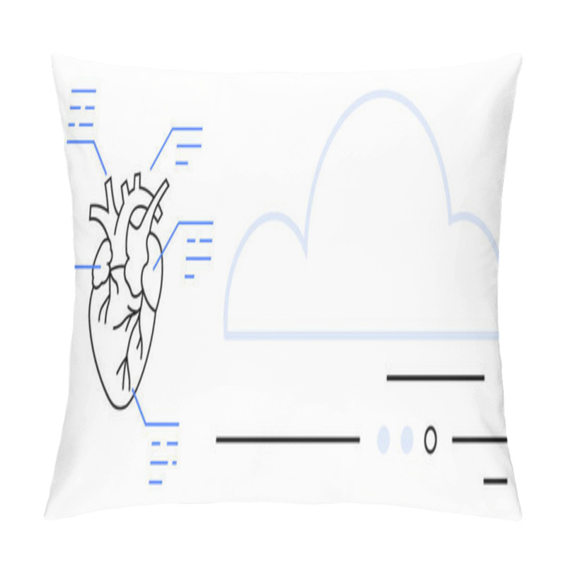 Personality  Detailed Human Heart Diagram With Labeled Sections And Interconnected Data Points. Adjacent Minimalistic Cloud Design And Abstract Lines. Ideal For Healthcare, Technology, Cloud Computing, Medical Pillow Covers