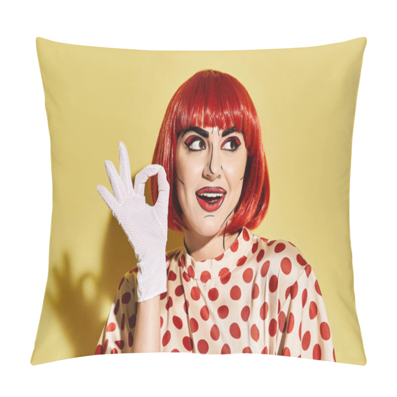 Personality  A Striking Redhead Woman With Pop Art Makeup Wears A Polka Dot Shirt And White Gloves On A Yellow Background. Pillow Covers