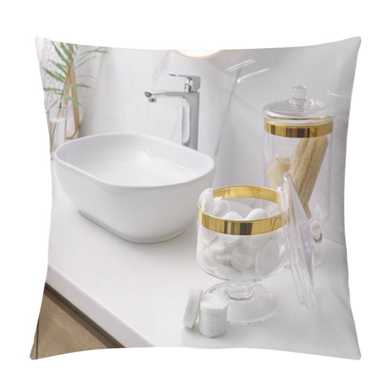 Personality  Glass Jars With Cotton Pads And Loofahs On Table In Bathroom Pillow Covers