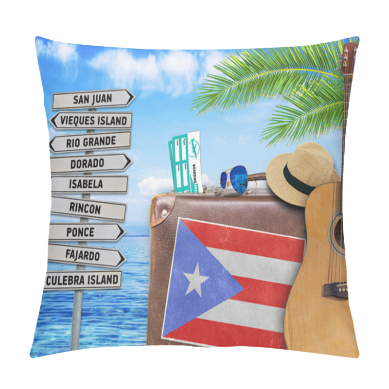 Personality  Concept Of Summer Traveling With Old Suitcase And Puerto Rico Town Sign Pillow Covers