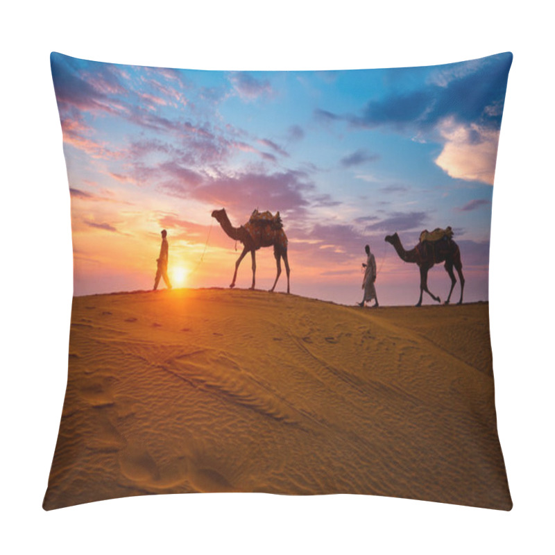 Personality  Indian Cameleers Camel Drivers Bedouin With Camel Silhouettes In Sand Dunes Of Thar Desert On Sunset. Caravan In Rajasthan Travel Tourism Background Safari Adventure. Jaisalmer, Rajasthan, India Pillow Covers