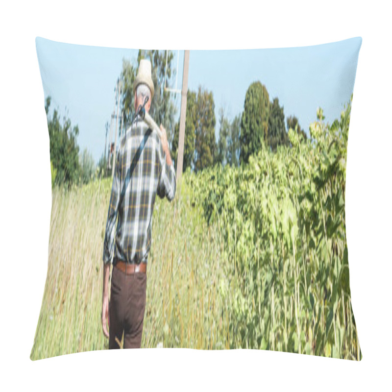 Personality  Panoramic Shot Of Self-employed Man Holding Rack Near Green Field  Pillow Covers