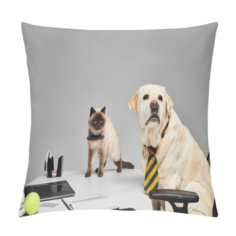 Personality  A Cat And A Dog Are Sitting Together At A Desk In A Studio Setting, Showcasing The Domestic Animal And Furry Friend Concept. Pillow Covers