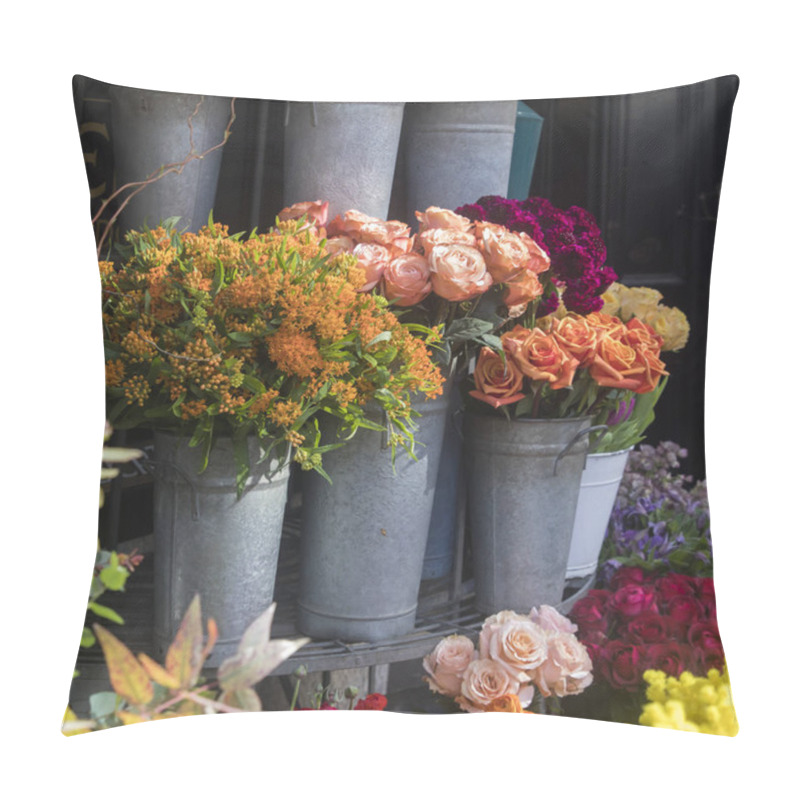 Personality  Many Different Spring Flowers In Baskets For Bouquets On Sale In The Market. Pillow Covers