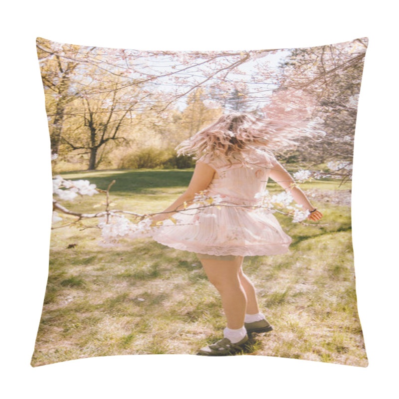 Personality  Woman Twirling In A Pink Dress Among Blooming Trees In A Sunlit Pillow Covers