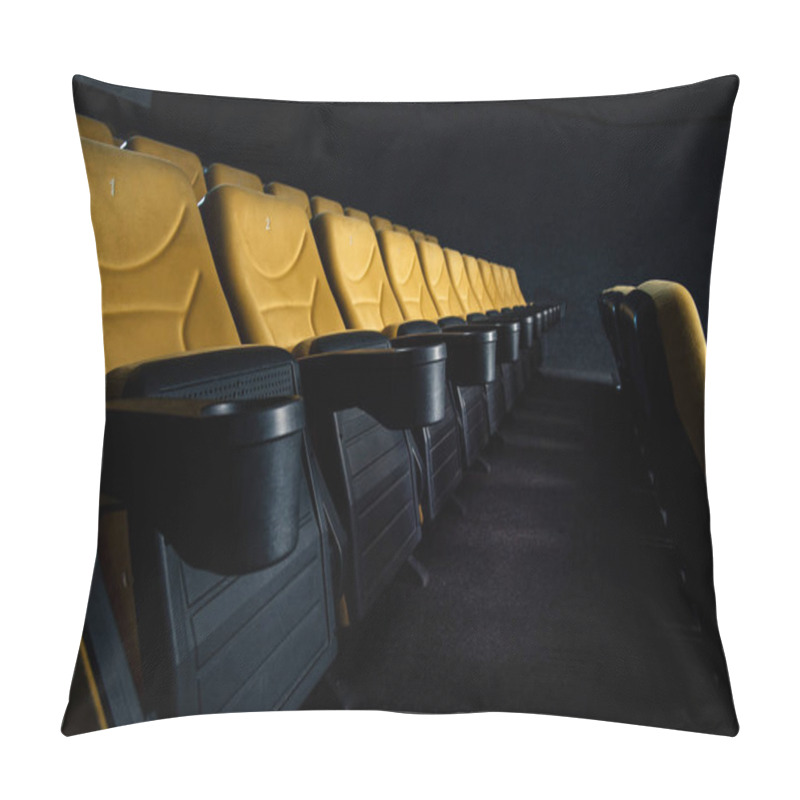 Personality  Selective Focus Of Orange Seats With Cup Holders In Cinema Hall Pillow Covers