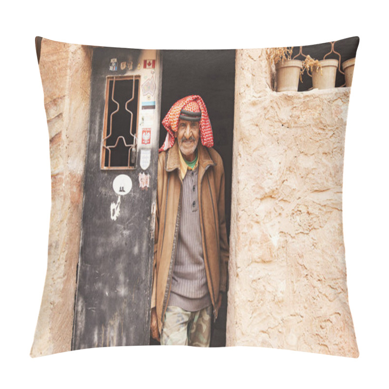 Personality  Wadi Musa, Jordan - March 2019: Old Bedouin Man Looking Out Of His House Door In Wadi Musa Town Close To Petra Ancient City, Jordan Pillow Covers