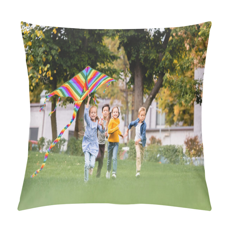 Personality  Smiling Multiethnic Kids Running On Lawn While Playing With Flying Kite In Park  Pillow Covers