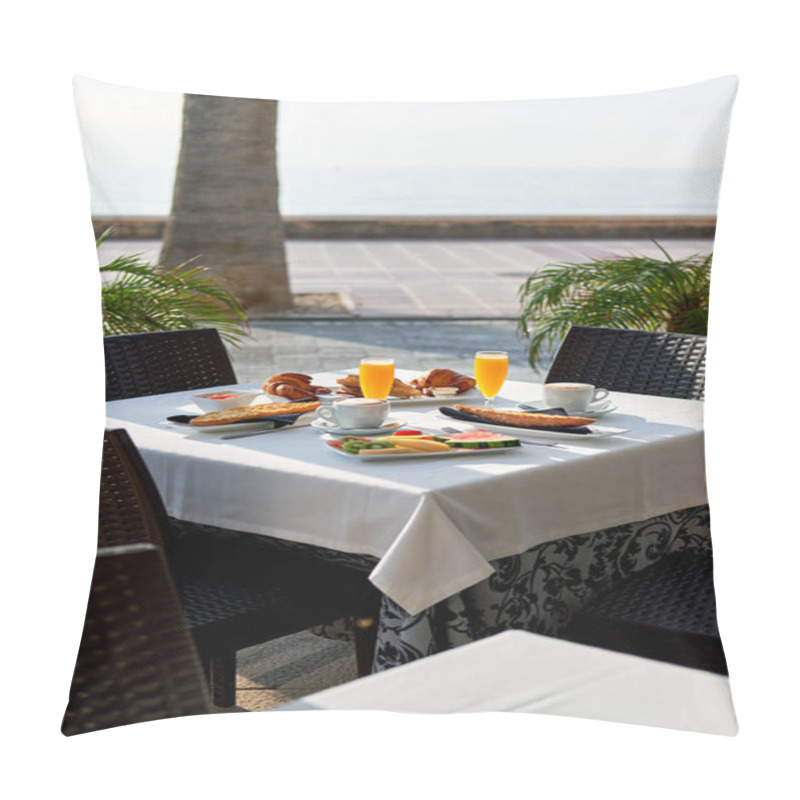 Personality  Outdoors Restaurant. Table Setting With Classic Breakfast. Orange Juice, Fruits And Pastries Pillow Covers