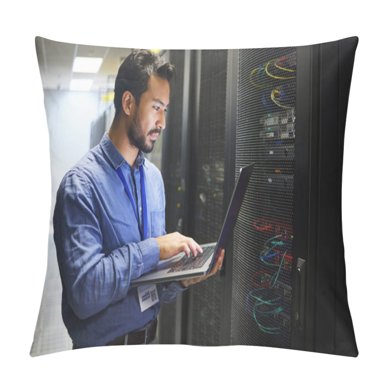 Personality  Man, Engineering Laptop And Data Center, Server Room Inspection Or System Solution, Coding And Business Network. IT Person On Computer For Tech Upgrade, Gdpr Programming And Hardware Problem Solving. Pillow Covers