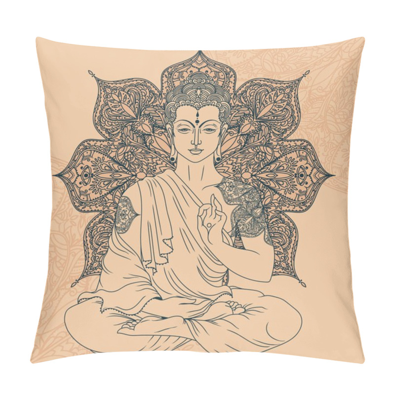 Personality  Buddha In Meditation On Beautiful And Magical Round Pattern, Can Be Used As Greeting Card For Buddha Birthday, Vector Illustration  Pillow Covers