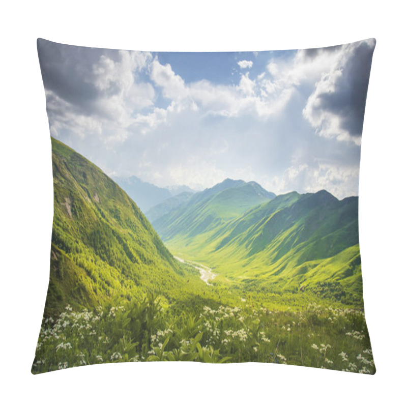 Personality  Mountains Ranges. Mountain Landscape In Svaneti, Georgia. Beautiful View On Grassy Hills And Highlands On Summer Sunny Day With Cloudy Sky. Scenery Mountains Nature. Pillow Covers