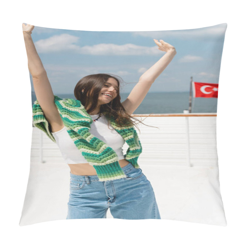 Personality  Carefree Young Tourist Raising Hands During Cruise On Yacht In Turkey  Pillow Covers