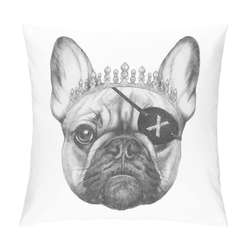 Personality  Hand-drawn Pencil Illustration Of French Bulldog With Pirate Eyepatch Isolated On White Pillow Covers