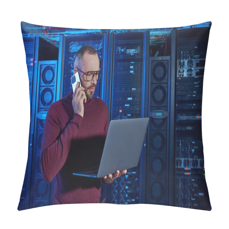 Personality  Pensive Data Center Specialist In Turtleneck With Glasses Talking By Phone And Looking At His Laptop Pillow Covers