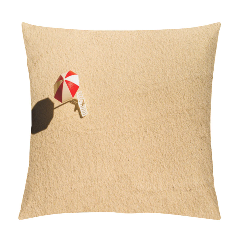 Personality  Aerial View Of One Sunbed, Lounge, Umbrella On Sandy Private Beach. Copy Space. Summer And Travel Concept. Minimalism Pillow Covers