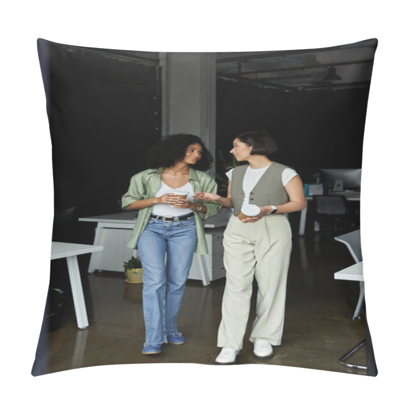 Personality  Two Women In An Office Walk And Talk While Holding Coffee Cups. Pillow Covers