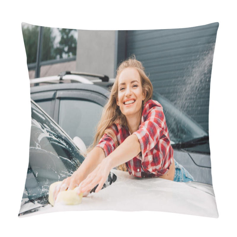 Personality  Positive Woman Washing Windshield Of Car With Sponge And Foam  Pillow Covers