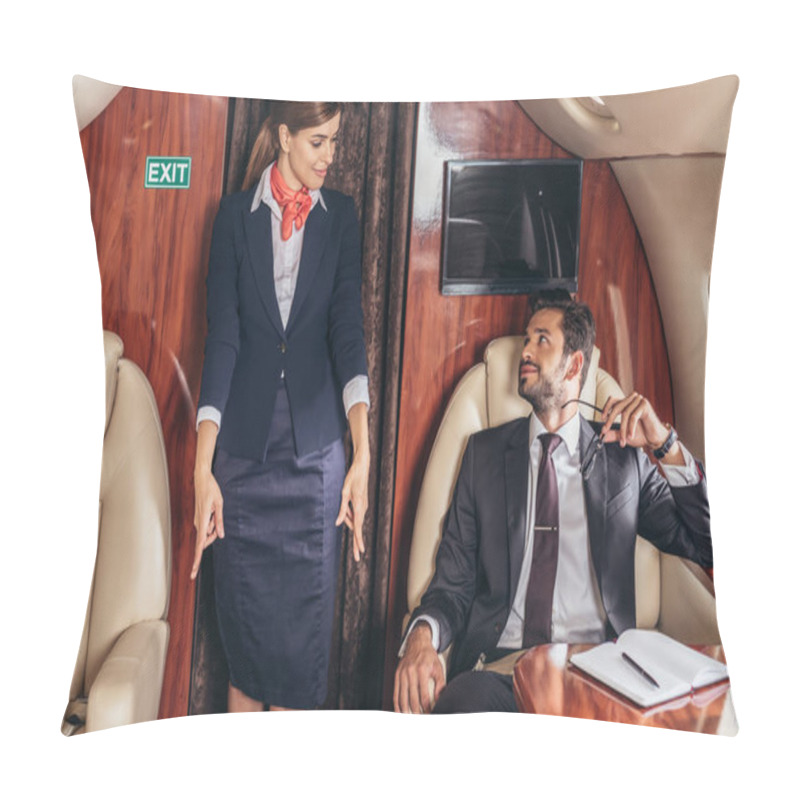 Personality  Handsome Businessman In Suit Looking At Flight Attendant In Private Plane  Pillow Covers