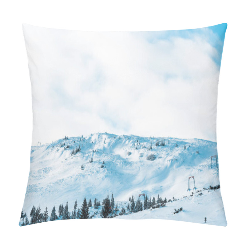 Personality  Scenic View Of Snowy Mountain With Pine Trees In White Fluffy Clouds Pillow Covers