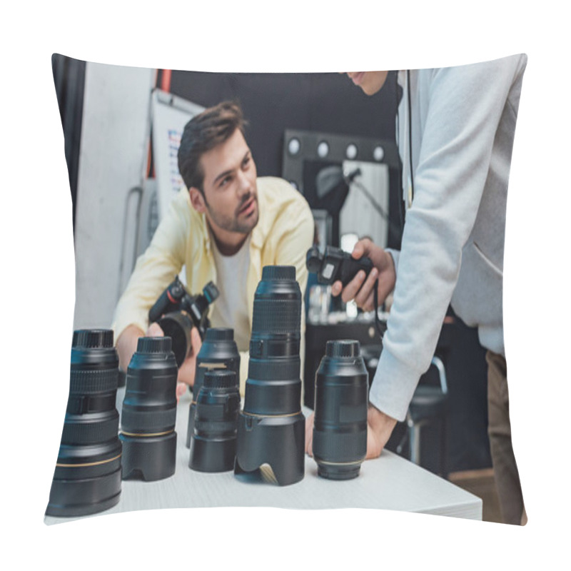 Personality  Cropped View Of Art Director Standing Near Photographer And Camera Lenses  Pillow Covers